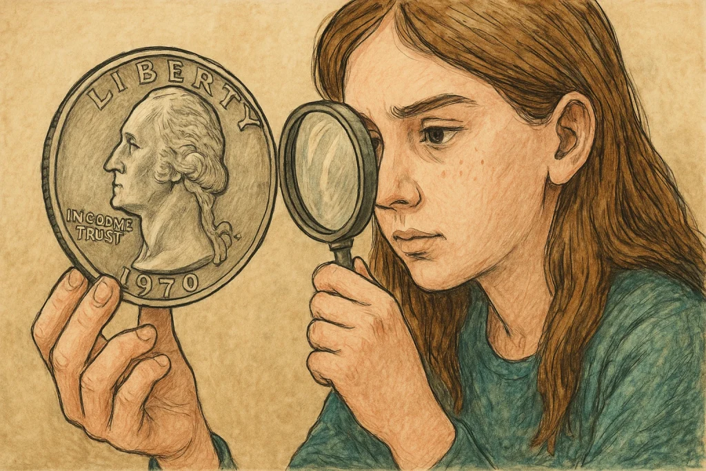A girl studies the 1970 quarter in her hand.