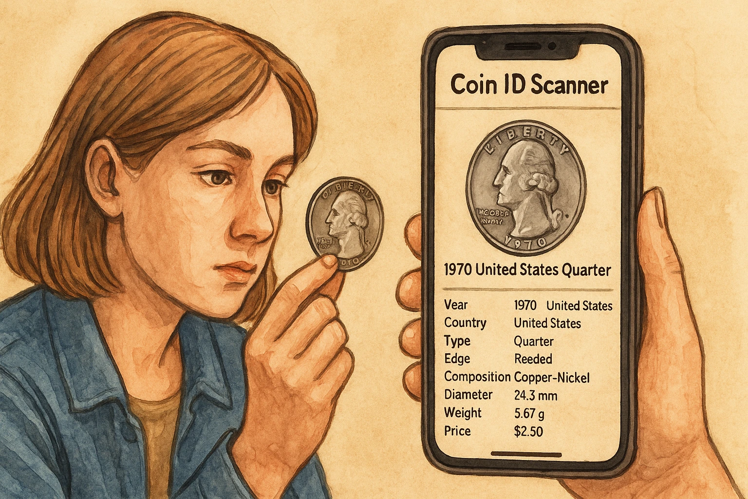 A girl studies the 1970 quarter with the Coin ID Scanner.