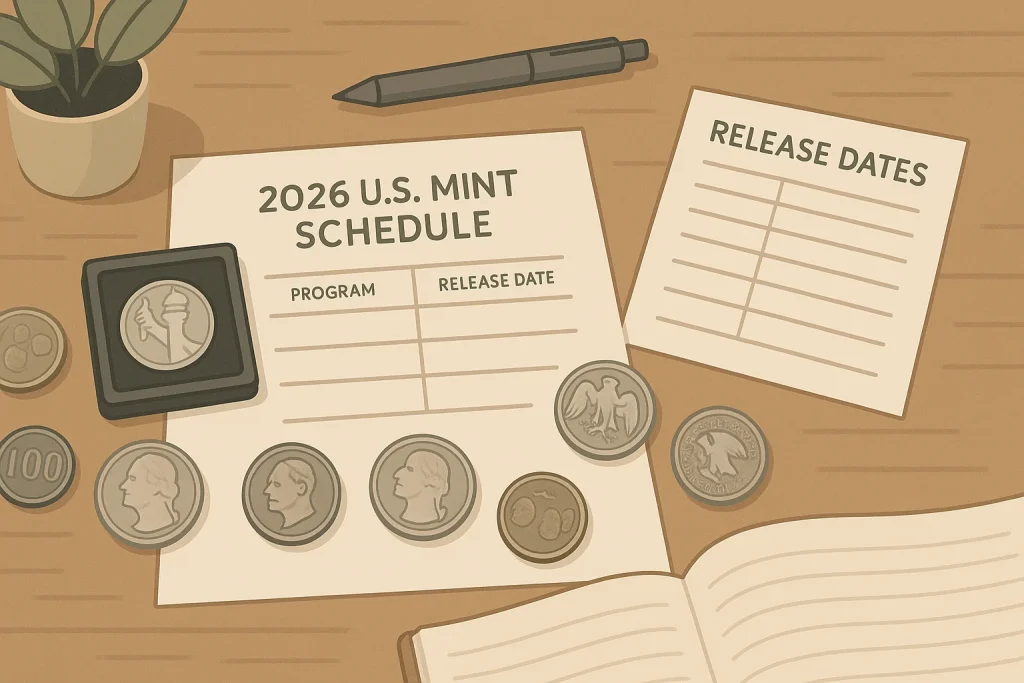 A desk layout on the numismatic theme, featuring coins, schedules, and coin holders.