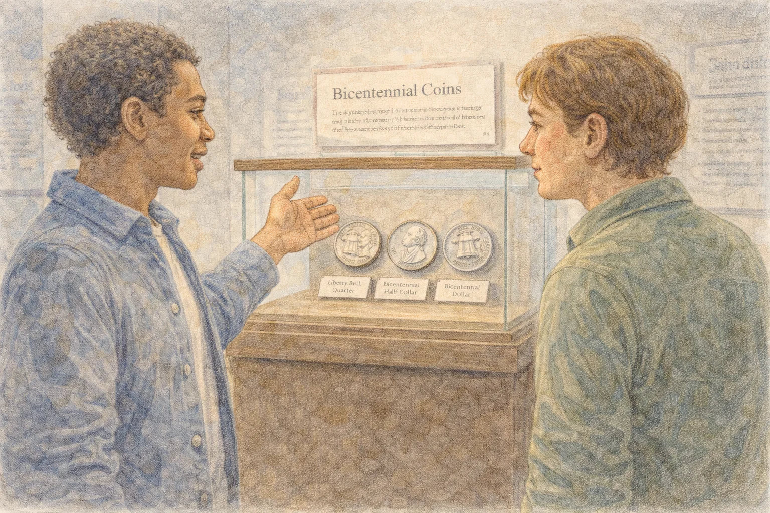 Two visitors discuss bicentennial releases at the museum.