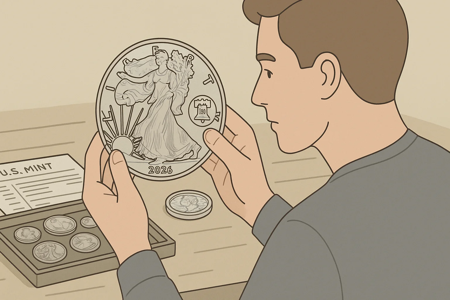 A coin collector holds a model of a U.S. dollar to be released in 2026.