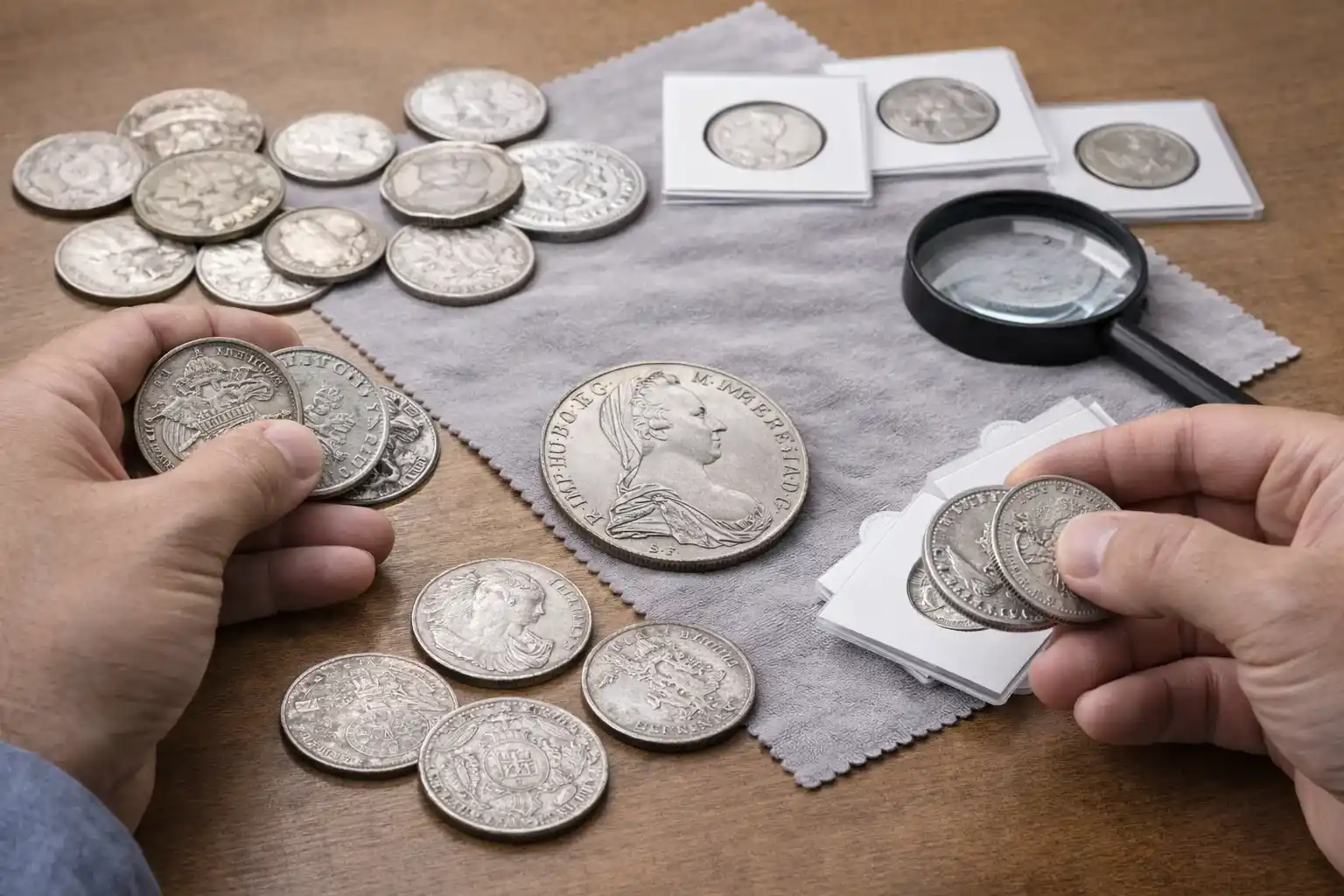 Hands sorting world silver coins with a Maria Theresa thaler at the center.